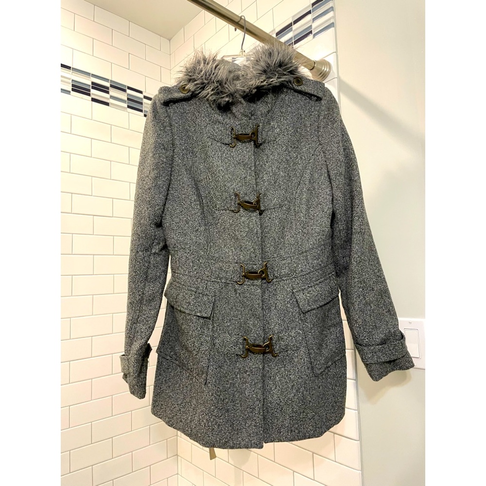 Double breasted gray coat with trimmed hood